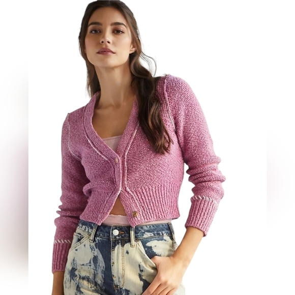 Pilcro Anthropologie Icon Cardigan Pink White Ying Yang Knit Cropped Sweater - Picture 2 of 13